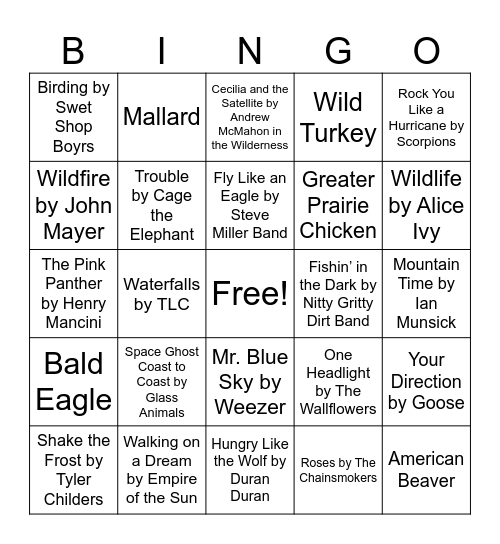 Nature Music Bingo Card