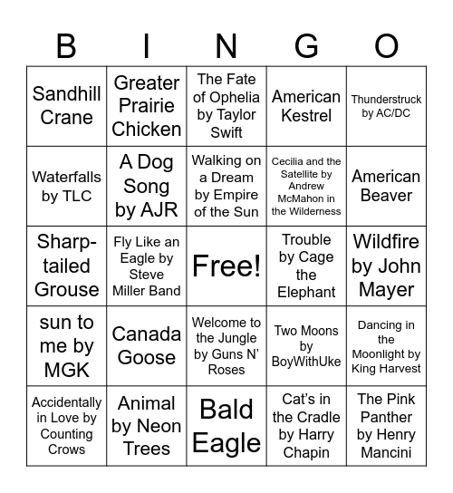 Nature Music Bingo Card