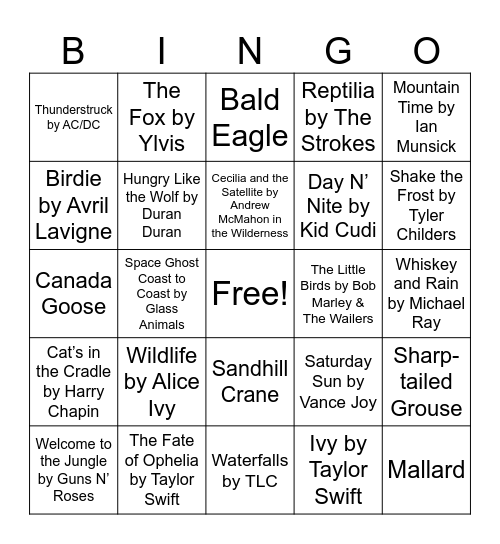 Nature Music Bingo Card