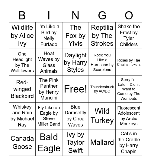 Nature Music Bingo Card