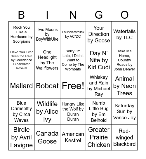 Nature Music Bingo Card