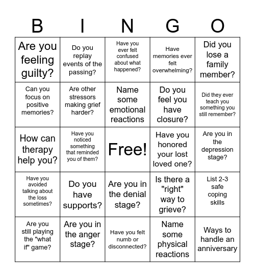 Grief Bingo Card