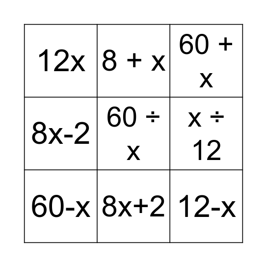 Variable Expressions Bingo Card