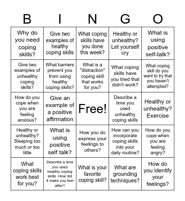 Coping Skills Bingo Card