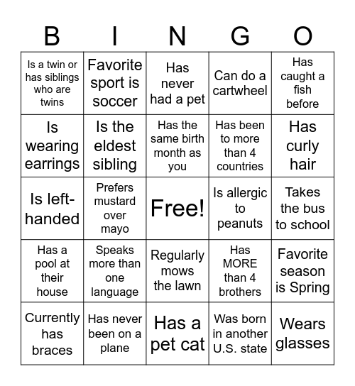 Middle School Human Bingo Card