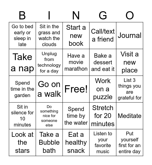 Self-Care Bingo Card