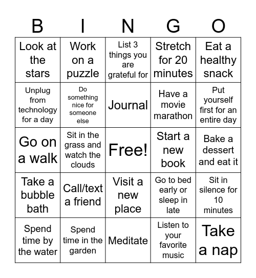 Self-Care Bingo Card