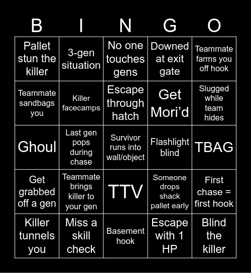 Dead by Daylight Bingo Card