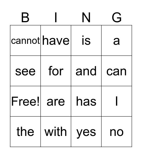 Popcorn Word Bingo Card
