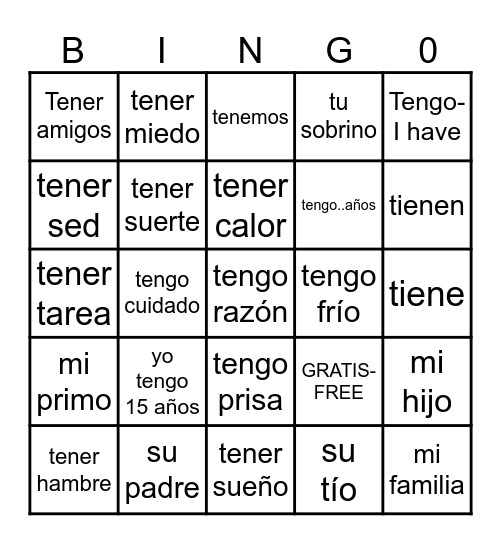 Tener Expressions& La Familia Bingo Card