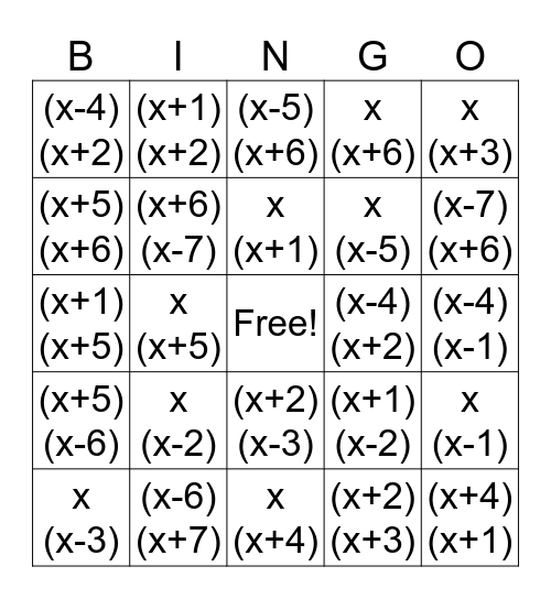 Finding Zeros Bingo Card