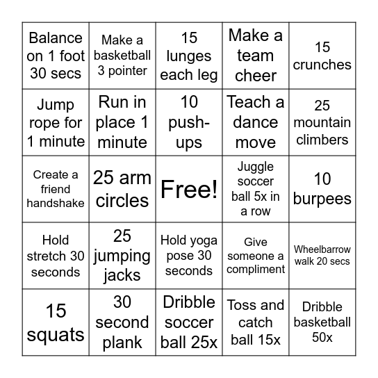 PE Bingo Card