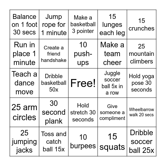 PE Bingo Card