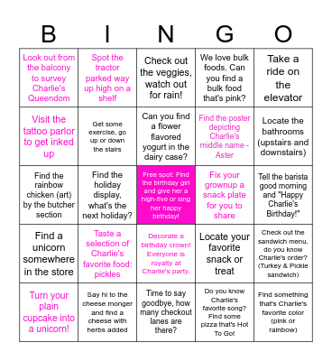 Charlie's Birthday Scavenger Hunt! (pink text means Mezzanine) Bingo Card
