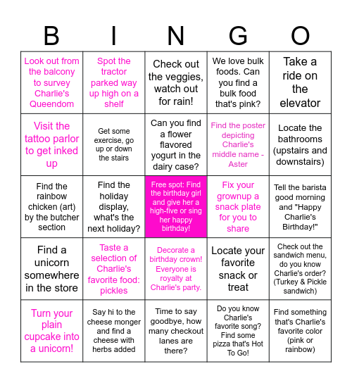 Charlie's Birthday Scavenger Hunt! (pink text means Mezzanine) Bingo Card