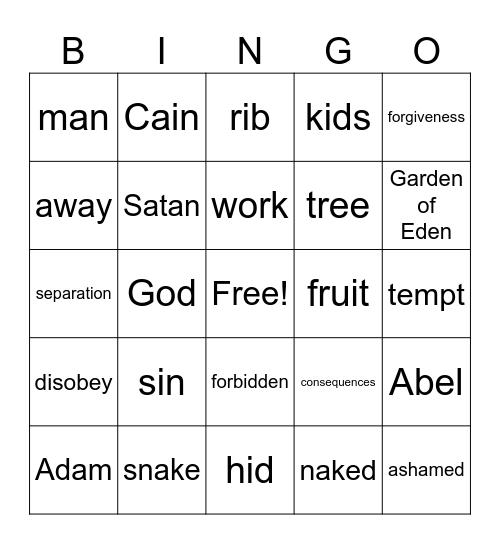 Adam and Eve Bingo Card