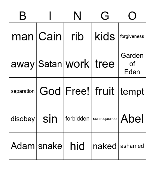Adam and Eve Bingo Card