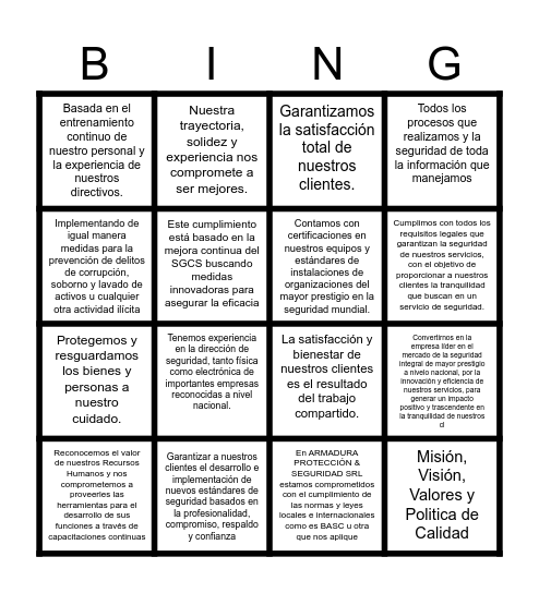 BINGO ARMADURA Bingo Card