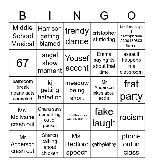 bedford 1rst period class bingo Card