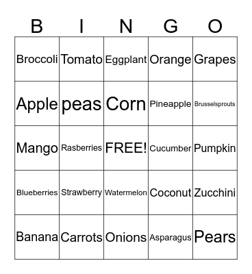 Fruits and Veggies!! Bingo Card