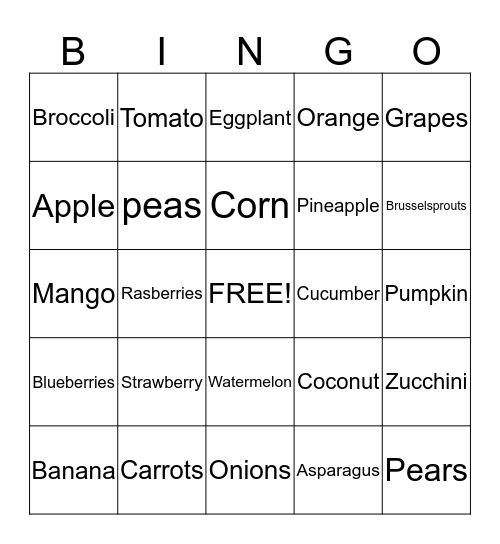 Fruits and Veggies!! Bingo Card