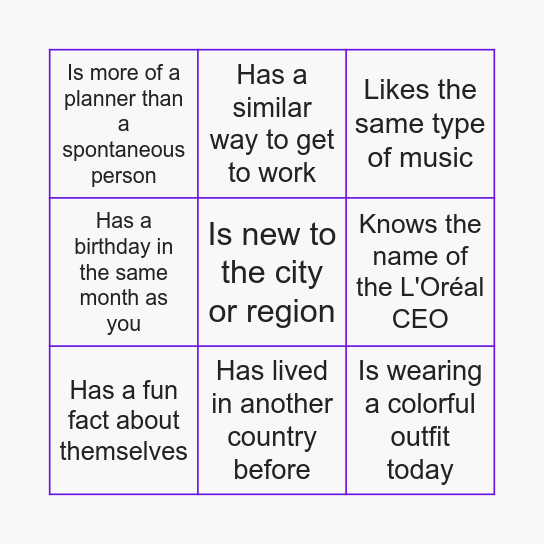 L'Oréal - Welcome Day Bingo Card