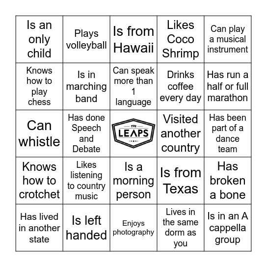 LEAPS Bingo Card