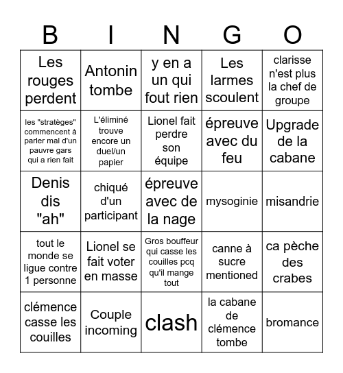 Koh lanta episode 2 Bingo Card