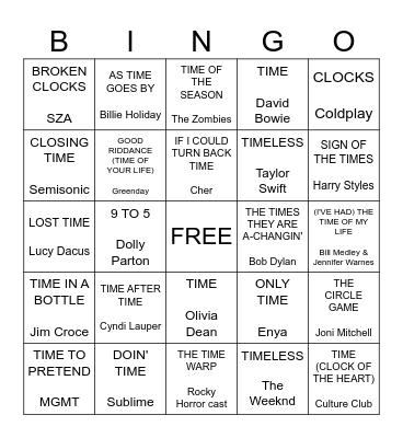 Time Warp Bingo Card