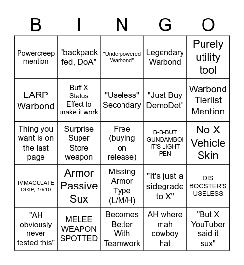 New Warbond Bingo Card