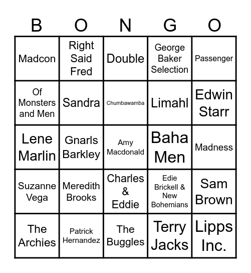 BONGO 👍 One Hit Wonders 👍 Bingo Card