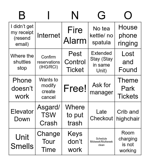 Guest Services Bingo Card