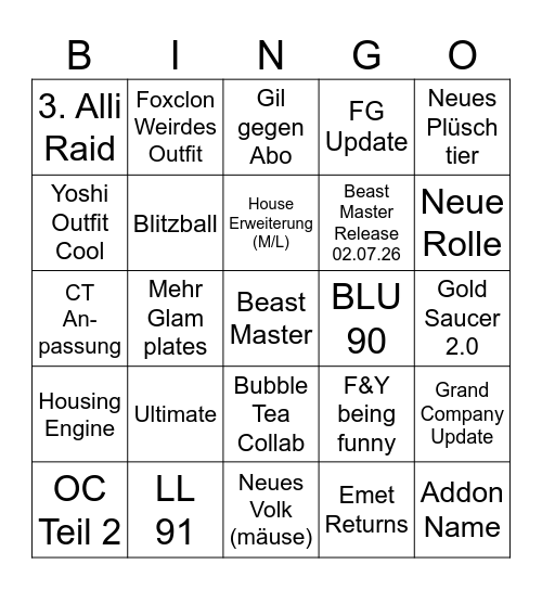 FFXIV LIVE LETTER 81 WUNSCHLISTE Bingo Card