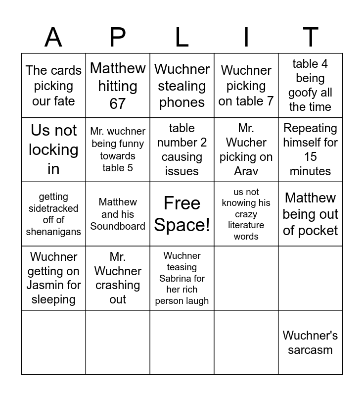 WUCH Bingo Card