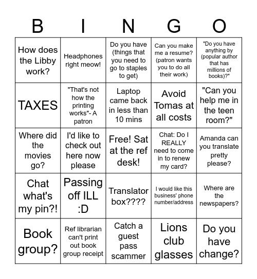 Referance Bingo Card