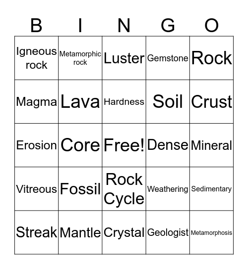 Rocks and Minerals Bingo Card