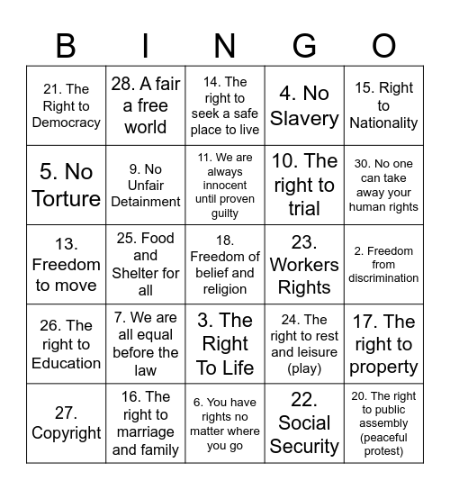Human Rights Bingo Card
