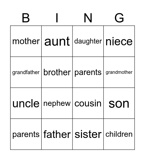 Family Bingo Card