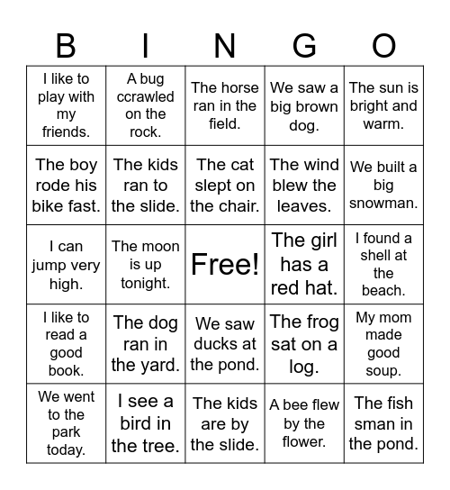 Bingo Sentences Bingo Card