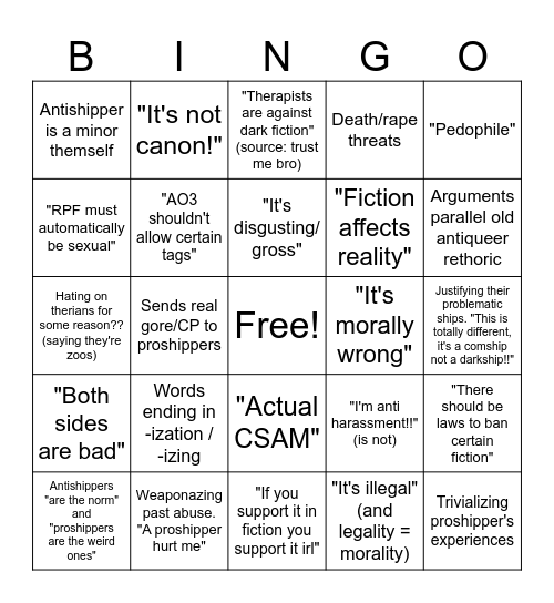 Antishipper bingo Card