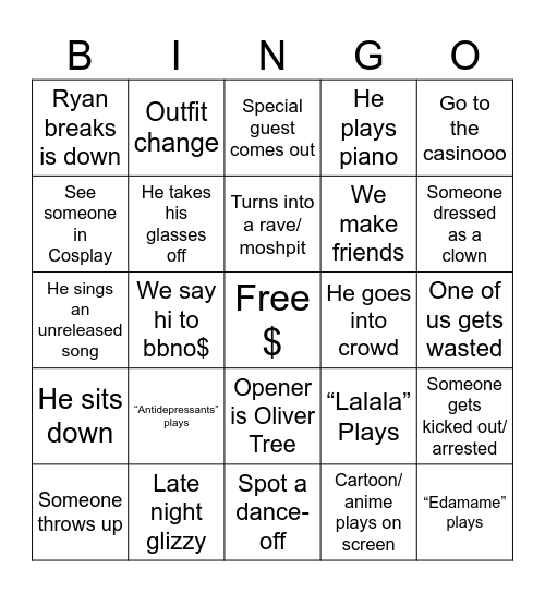 Bbno$ Bingo Card