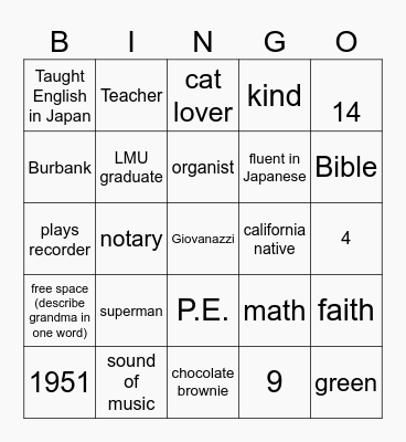 All About Judy Bingo Card