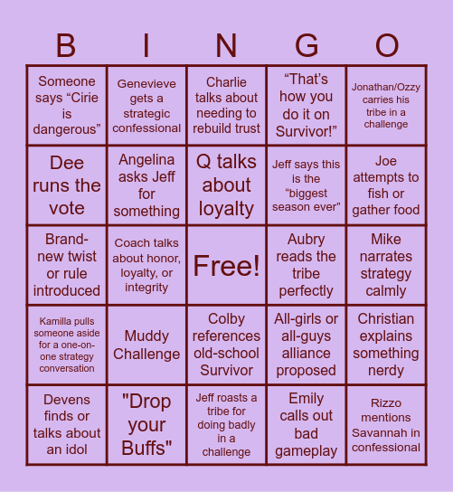 Survivor 50 Episode 3 Bingo Card
