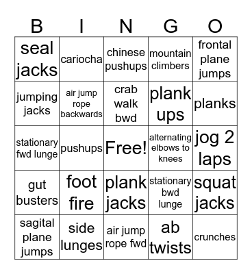 Fitness Bingo Card