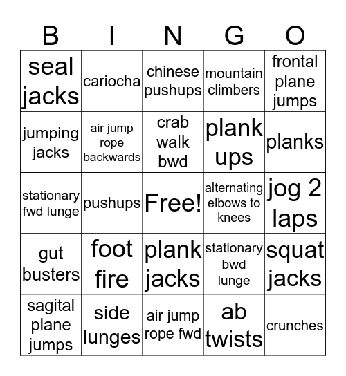 Fitness Bingo Card