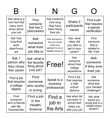 Career Fair BINGO Card