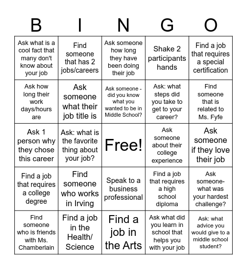 Career Fair BINGO Card