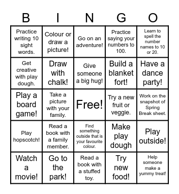 Spring Break Bingo Card