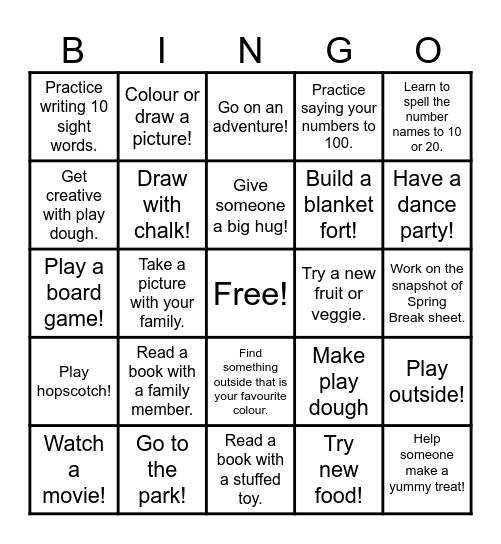 Spring Break Bingo Card