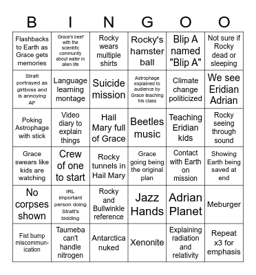 Project Hail Mary Movie Bingo Card